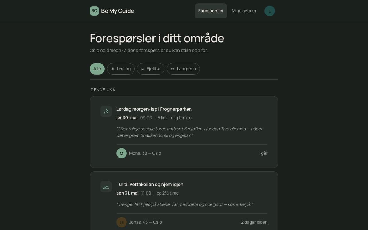 A guide’s request feed showing nearby open requests grouped by week, with activity filters for running, hiking, and cross-country skiing.