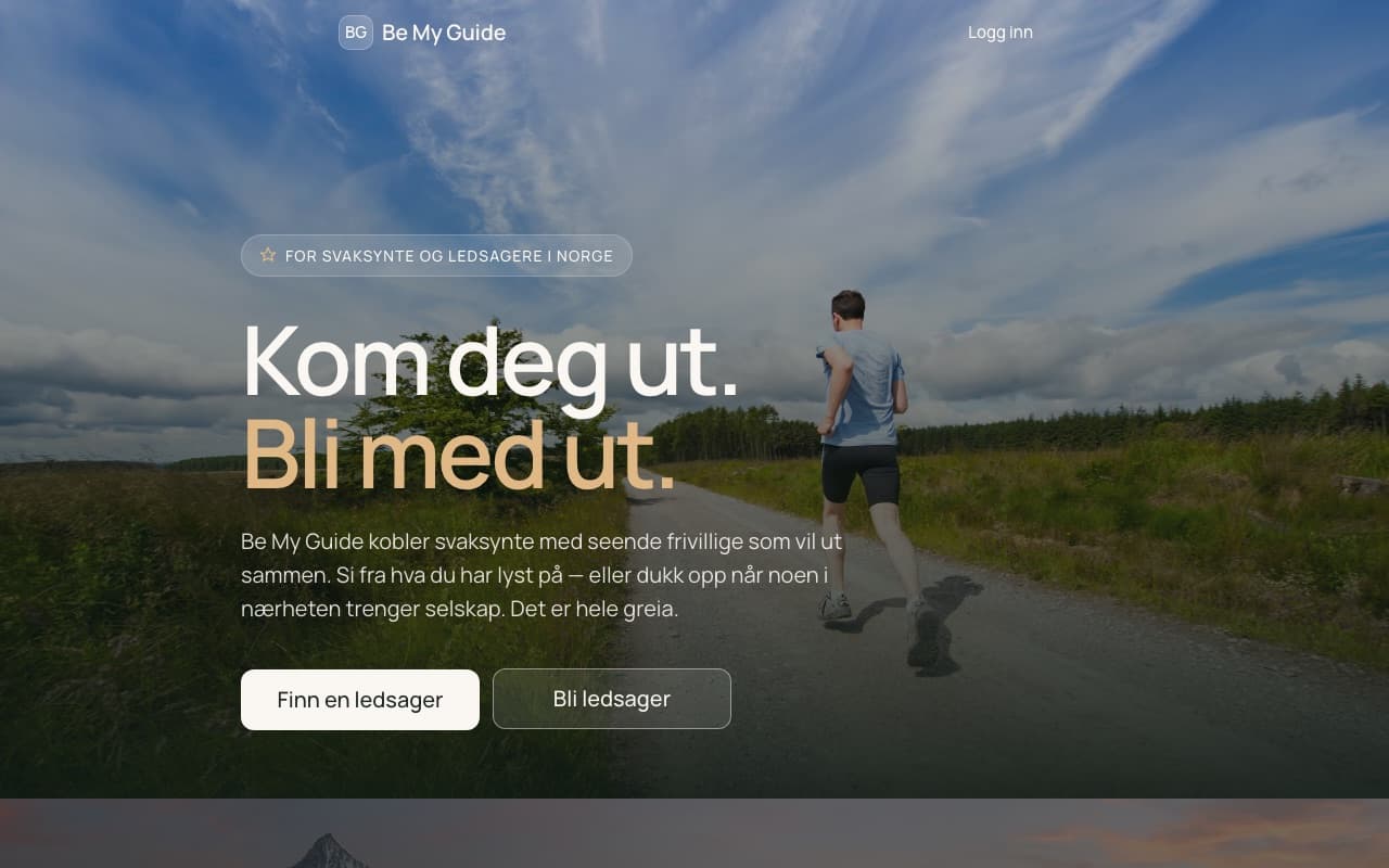 Be My Guide landing page with a hero photo of a runner on a forest trail and two role-based entry points: find a guide or become one.