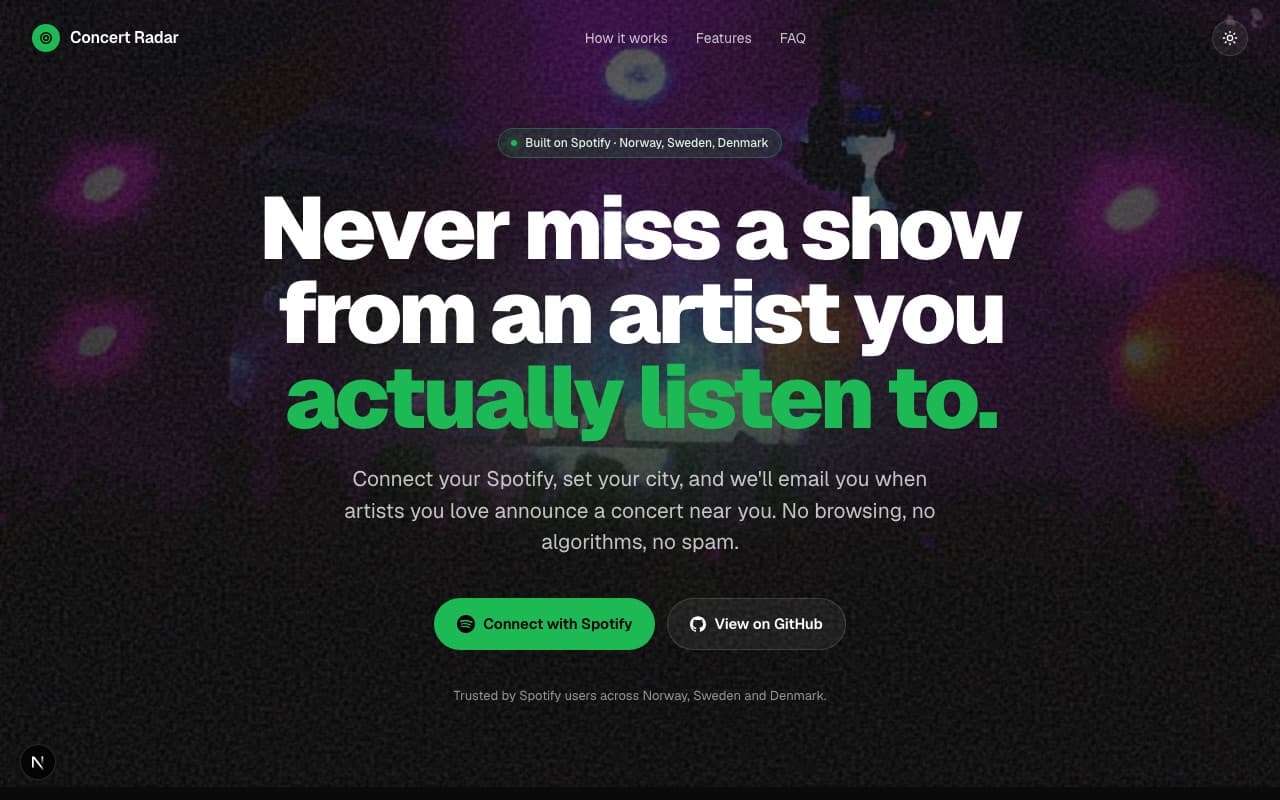 Concert Radar landing — 'Never miss a show from an artist you actually listen to.'